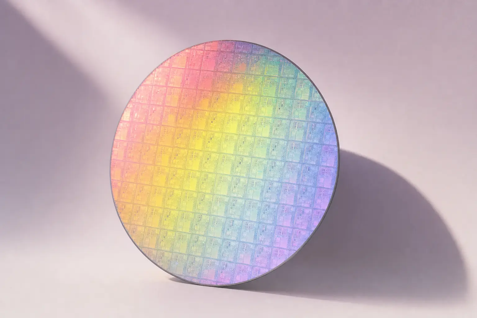 A mirror-polished silicon wafer standing on pale lilac paper, its grid of circuit dies diffracting daylight into bands of pink, yellow, mint and blue.